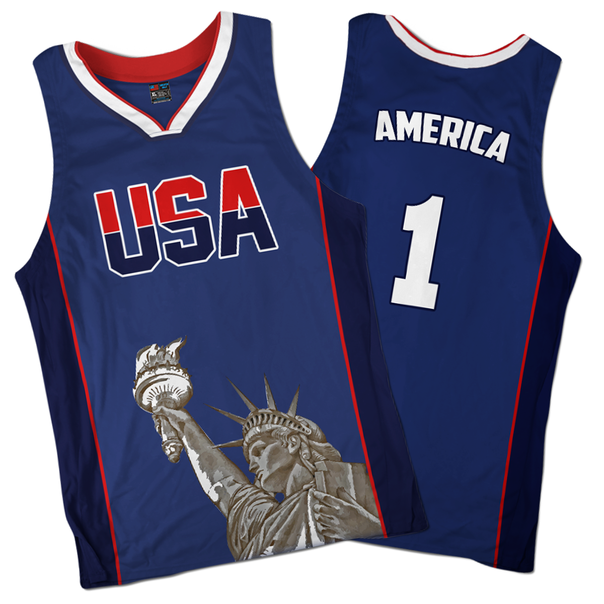 America #1 Basketball Jersey (Red, White & Blue) - USA Drinking Team